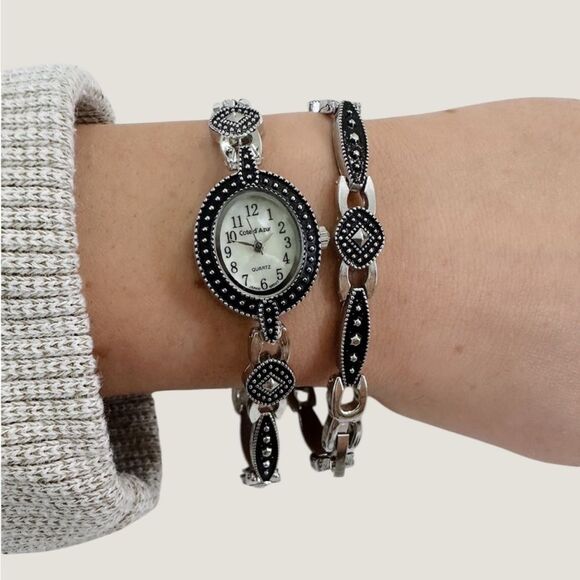 Vintage Coted Azur Black and Silver Watch and Bracelet Set
